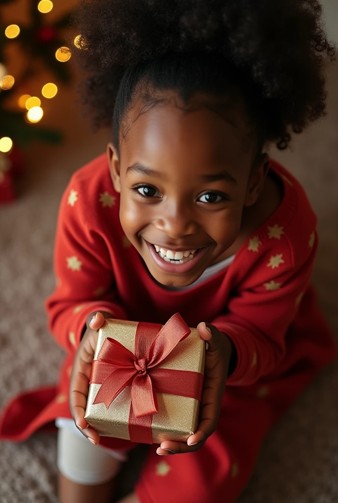 Black child in a photo studio with a white background full of red and white gift boxes, barnet, menina pele preta, cabelo crespo, 11 year old black child, com gorro de papai noel,
