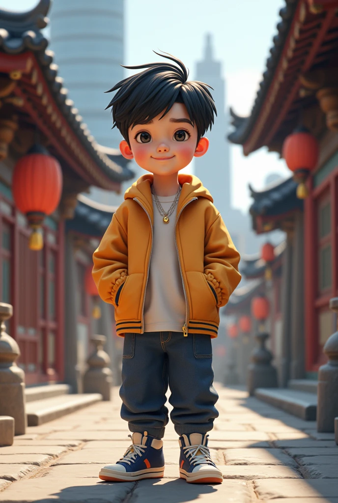Chinese small cute cool boy with cap and cool dress making hand