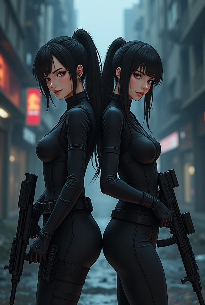 (beautiful arab identical twins in middle of composition:1.5),(black long hair:1.5), detailed and intricate, featuring high-tech, art by (((Syd Mead, Masamune Shirow))), (very enormous breast:1.7), (bare breasts:1.4),(((aqua_eyes:1.3))) ,intricate eyes,beautiful detailed eyes,symmetrical eyes,
shiny latex is black,latex stockings,revealing clothing,show skin,(((lustrous skin:1.5,bright skin: 1.5,skin tanned,shiny skin,very shiny skin,shiny body,plastic glitter skin,exaggerated shiny skin,illuminated skin,wet legs))), shiny lips, very big ass,inflated legs,(symmetrical detailed face:1.7),toned, sexy, nsfw,
(centered,scale to fit dimensions,Rule of thirds),
cyberpunk city by the ocean at night, with bright neon signs and dark stormy clouds and puddles, scenery:1.25,
artistic photography,(photography taken by sldr),highres, sharp focus, (ultra detailed, extremely detailed), (photorealistic artwork:1.37),(extremely detailed CG unity 8k wallpaper),((synthwave background theme)),(((vibrant colors))),(intricate background),(masterpiece),(best quality),