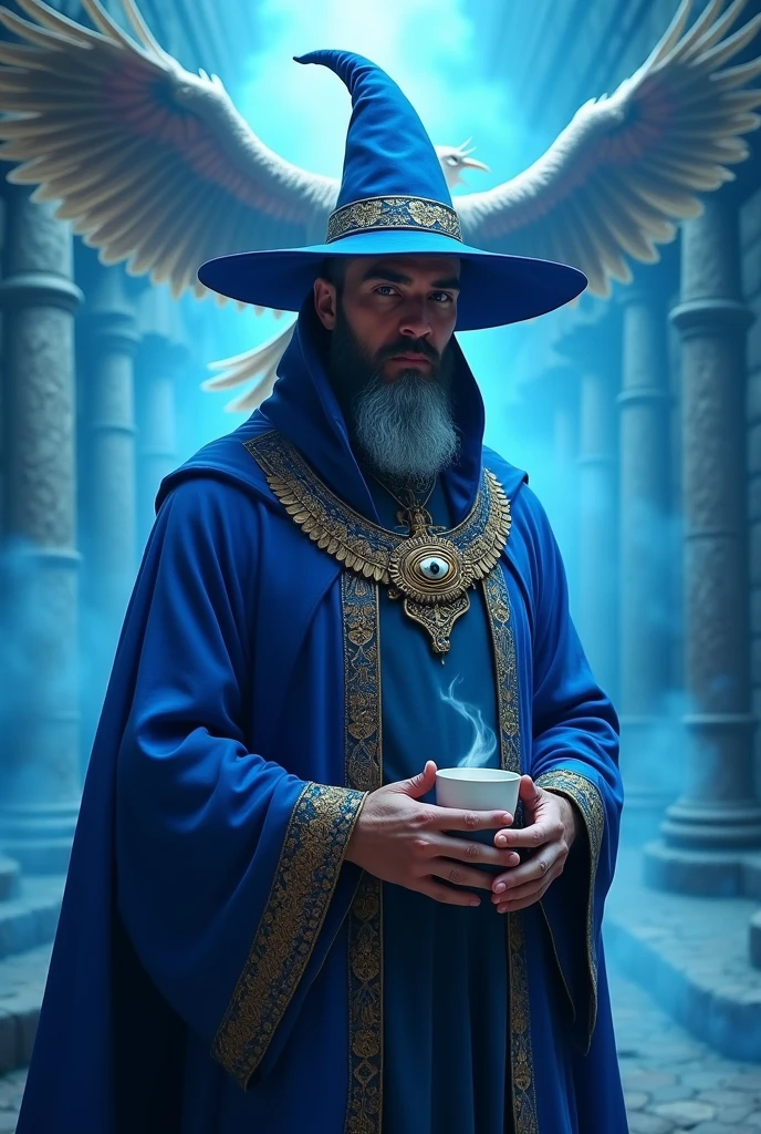 A handsome man,  with a stylized beard ,  dressed as a sorcerer ,  with his blue witch hat , wearing a blue tunic  (  the tunic is printed with the eye of Horus symbol,  Egyptian symbol of protection ) He carries a cup of tea in his hands, It is in a mystical place with a clear blue light in the background and a large Phoenix bird flying. Clear image, detallada, clear light, high definition.
