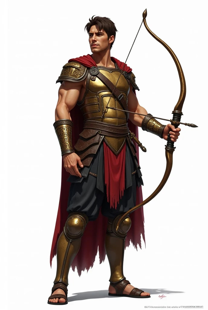 Greek archers，20yr old，Young and handsome，fanciful，largeeyes，Look to the future with a firm eye，drawing bow，greek myth，Greek helmet，Silver-gray armor，Libido boy，Red cape，leathers，chest muscle，Abs，musculature，Strong，bow and arrows