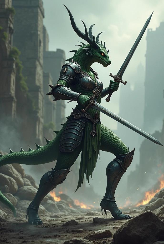 (ultra detailed), a beautiful and detailed full size portrait of a female dragon, alduin, red eyes, bedroom eyes, wings, High Dynamic Range, cinematic shot, detailed eyes, big body goddess, kenket, Ross Tran,ruan jia, trending on artstation,foxovh, cenematic lighting, big breaths, big , big  , (((green armor, black under shirt, black skirt, black leg wear,))), stone wall, full body, on knees, front view, cum in vagina, open mouth, sad, after sex, sweating, relaxed, fog, night, detailed background,
