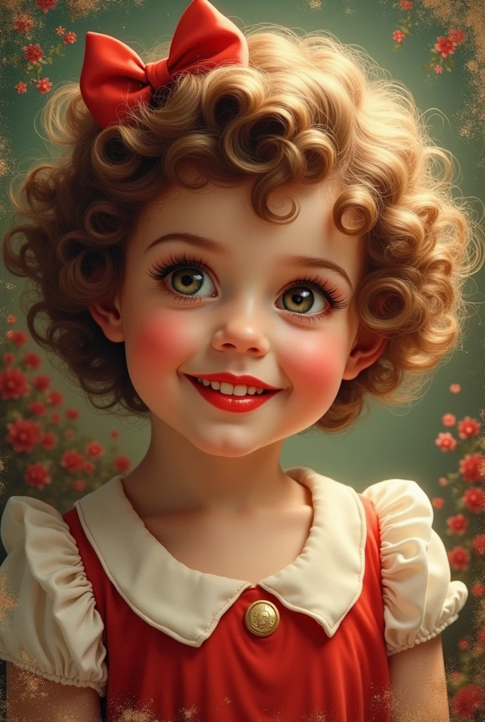 vaporwave style , portrait,Beautiful and cute little girl Shirley Temple wearing lipstick,