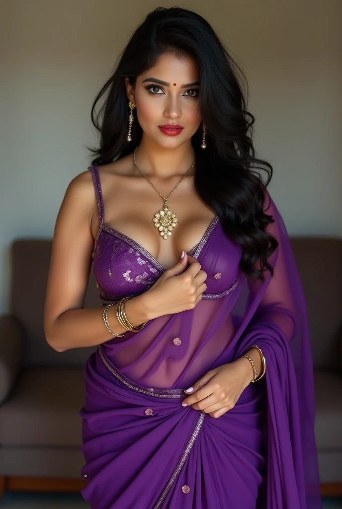 A glossy skin girl, age 23 years old, wearing purple color saree, cleavage, background flowers, glossy skin, wearing rings, bangals, detailed eyes, full makeup, eyebrow colored,  Asian face