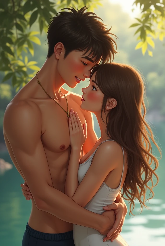 HD quality, high definition, couple having sex, male is 18 years old handsome and muscular and slim, female is sexy and pretty, in the forest, male is leaning on a rock with exposed penis, female’s face in front of male’s penis,  