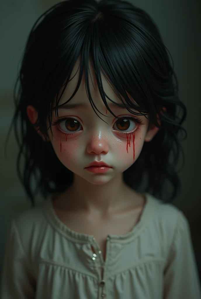 Child, girl, in a dirty white dress, stained with blood, blue eyes, anime art, masterpiece, realistic, over-detailed, professional quality