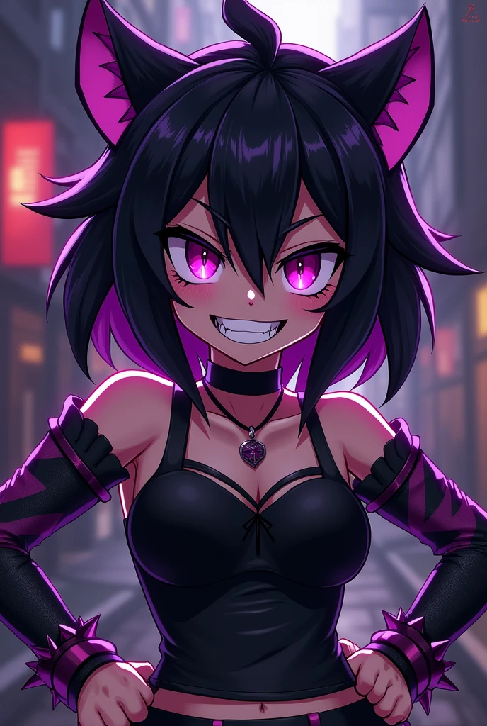 masterpiece, (style of genshin impact), ((style of genshin impact)), best quality, official art, oni girl,16k wallpaper, dark skin, dark skinned, 1girl, close up, (white horns:0.9), (huge breast), ((black and pink kimono)), (big lips), (very long and beautiful dress), tight, lit up eyes, ((star-shaped pupils)), detailed pupils, detailed eyes, wide eyes, brown, eyes, (((cute expression))), showing off teeth, sharp fangs, wide smile, (((black hair, two hair buns))), (swept bangs), wide hips, big ass, standing, solo, (((genshin impact style))), (((dark canyon abyss background))), dark lighting, darkness, (female focus), (close up)