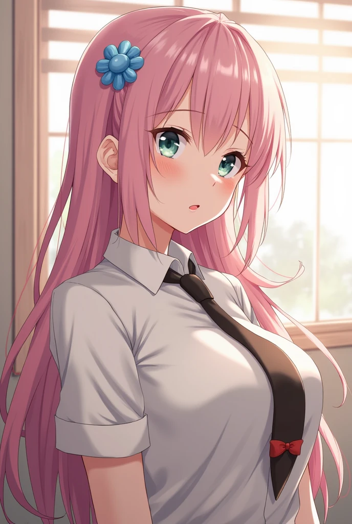 Masterpiece,best quality,1girl,nsfw,<lora:shikimori:0.7>,pink hair,long hair,blue eyes,hair between eyes,bangs,blush,,school uniform, sexy,shy,comics, multiple frames, multiple view, skirt lift, breasts,