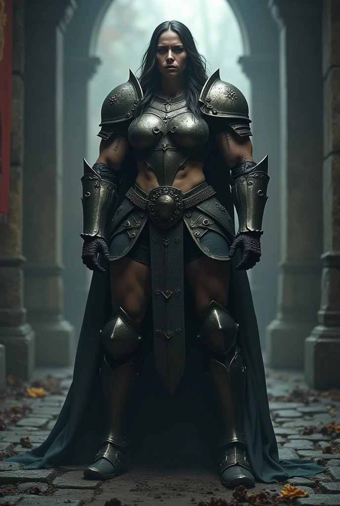 ((artwork, best quality)),front view, ultra detailed,1girl, ((fullbody)),standing pose,muscular body, armor, dark armor,big tits,tomboy,smile,boots,cloves,cape,dark,concept art