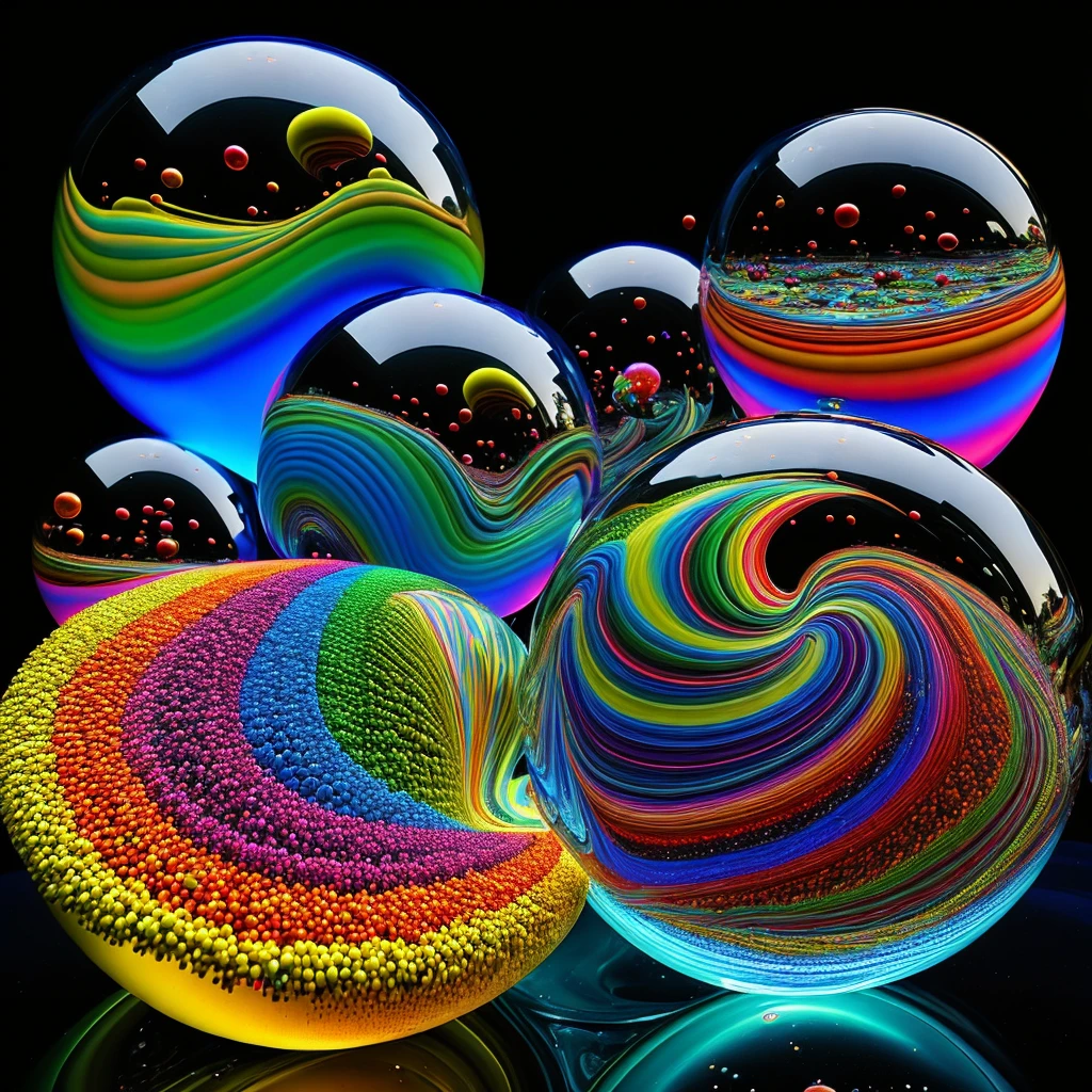 Incredible 3d images of melting glass orbs pouring colours from one orb to another in a psychedelic dream, shimmering glass morphing out of colors, tripped out detailed patterns in all colors, perfectly formed symmetrical spheres and glowing reflective bubbles, attention to detail on the bubbles and spheres, rainbows of color twisted in and out of translucent bubbles with a background is spilled paint and spirals of swirling colour, beautiful psychedelic digital art, pixel art, neon colors, 4d mandelbulb psychedelics, glass like psychedelic landscape, intricate rainbow environment, psychedelic underwater brightness, LSD,DMT, Psilocybin, Mescaline, trails of color and light, bright fluorescent colors, psychedelic trip, fluorescent psychedelic aesthetic, psychedelic vibrant colors, bright psychedelic neon colors, colorful paint drips out of the bubbles, 3d glass spheres melt into each other spilling out colours, visually disorienting, hallucination inducing, optical illusions a must, startling, stunning images, awe inspiringly, best quality wallpaper, Pixel Assets, Portrait photography, surrealism, Photorealistic, Hyperdetailed, Glass Morphism, Digital Art, Sparkle, Optical Illusion, Glowing Light, Reflection Light, Overexposure, God rays Backlighting, Depth Of Field, Rotational Symmetry, UHD, High Details, High Quality, Super Detailed, Best Quality, Award Winning, holographic, holographic earth Masterpiece