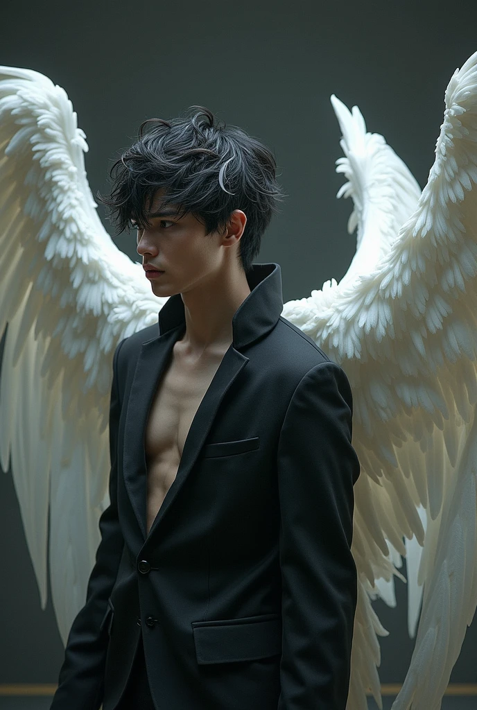 angel boy age 16 shirtless sexy abs plumpy lips, sexiext Nipples with 4 cm diameter ,with a virginity tattoo on the belly, with 4 big black wings,White skin,hunter eyes, White Gradation silver,Wearing a plain white skirt, In The Night Skies Illuminated by the light of the Moon