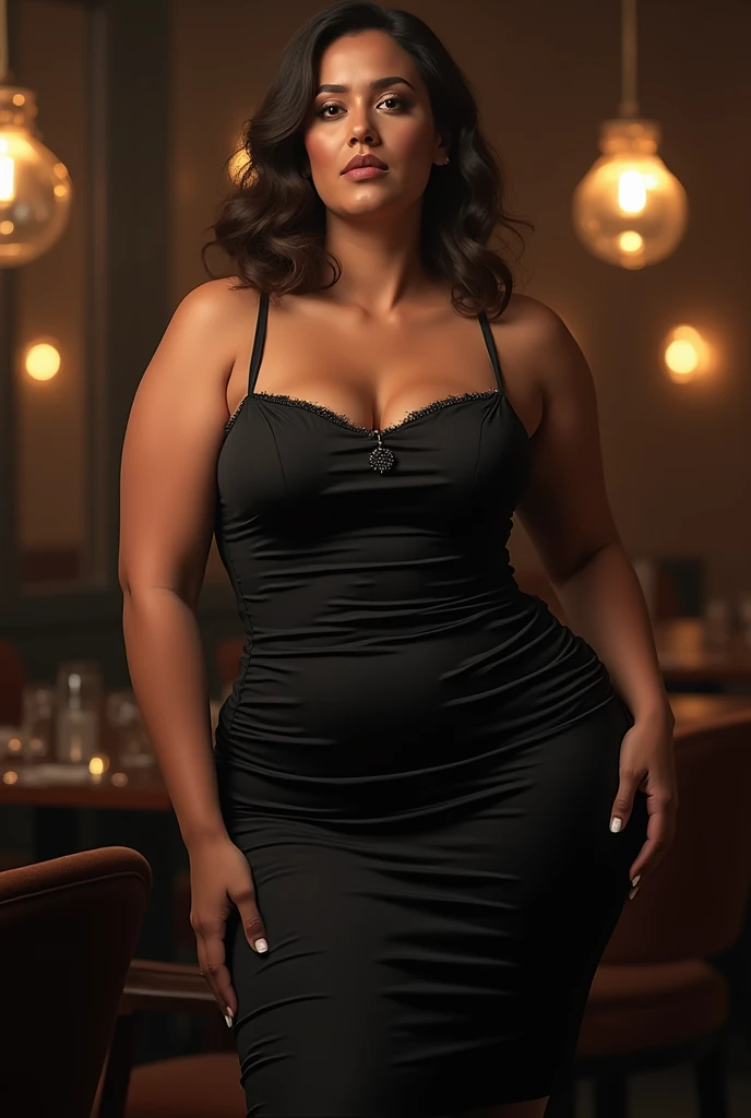 a woman with large breasts, wide hips, black hair, robust body, wearing a daring black dress, posing naturally in a restaurant background