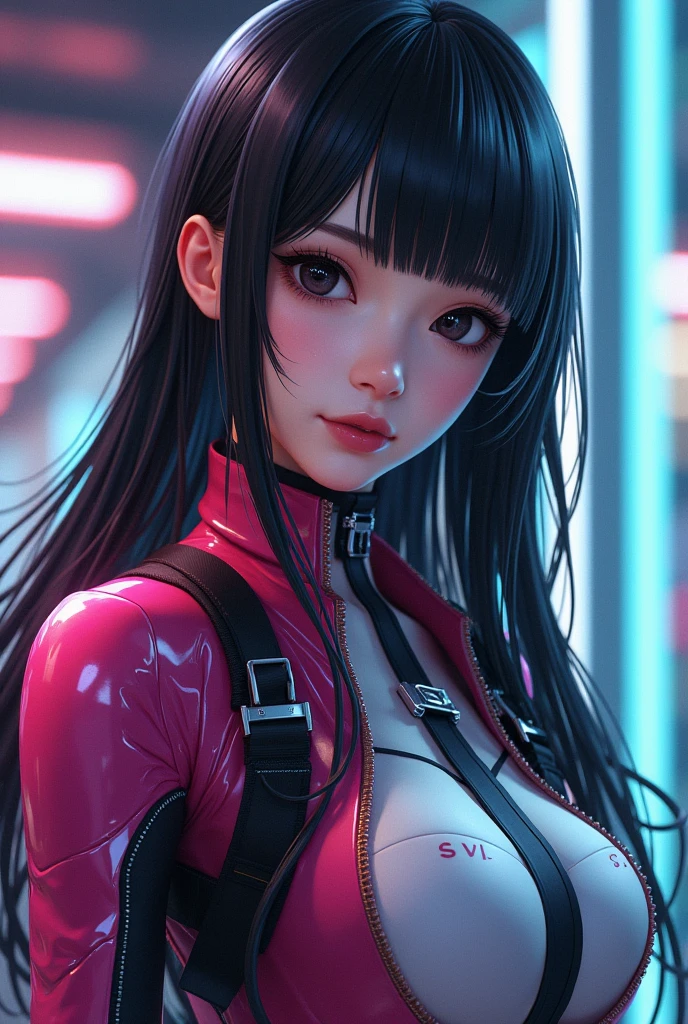 large breasts,whole body,beautiful face,ponytail,daytime,crowd of people,masterpiece, extremely fine and beautiful、Sambar Punk、Holds a red mechanical sword。black jacket、jacket is open、combat readiness