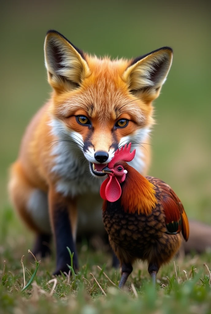 Create an image of a large and terrifying Fox, behind a chicken wanting to eat it. In the background you place the Cruzeiro Esporte Clube team shield