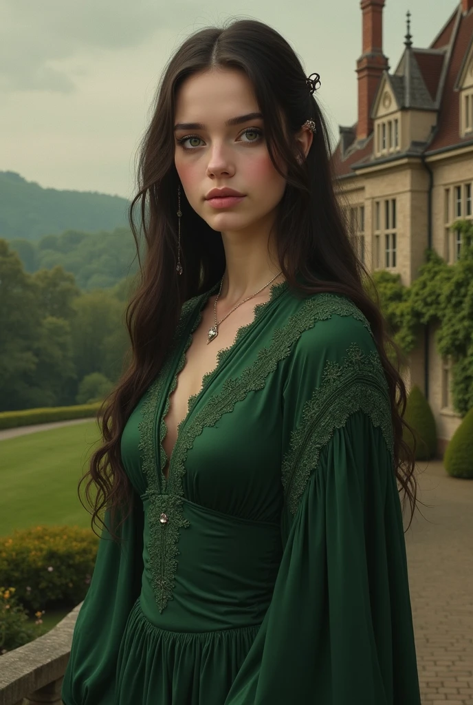 Make a blonde maiden green eyes with a beautiful dress with gold embroidery and long hair