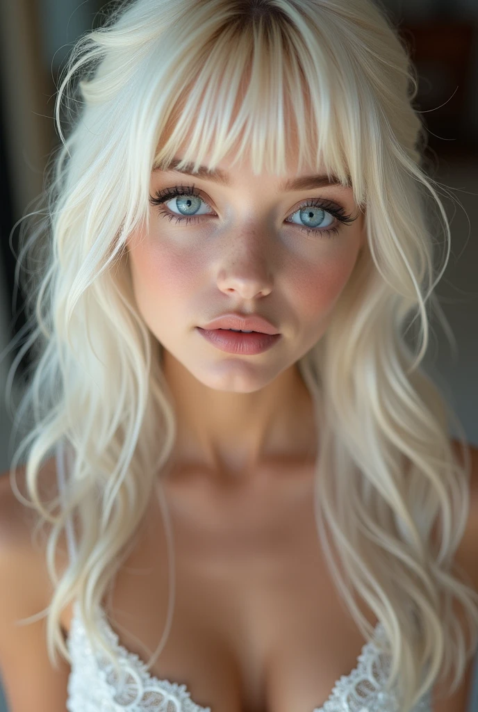 (a closeup:1.4)、(RAW shooting:1.2)、(Photorealsitic:1.4)、(masterpiece:1.3)、(top-quality:1.4)、bright expression、extremely beautyful girl、Extraordinary beautiful girl、Detailed cute and beautiful face、Beautiful bangs、Glowing white shiny skin、facial hairs、Bangs that extend to the face、Bangs between the eyes、Super long hair、Attractive light and dark platinum blonde super long straight silky hainer hair、Attractive glowing beautiful bright clear light blue big eyes、Luxurious dresses、Double eyelids、Lush bust、The upper part of the body、