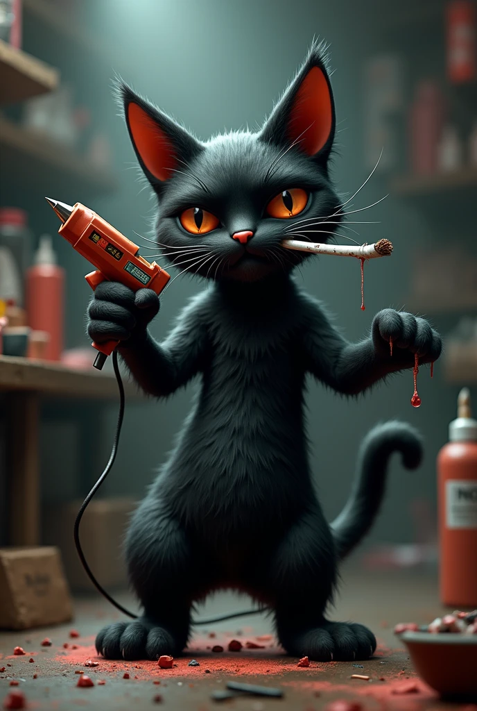 a cat with a medical syringe, explosives , bombi , Nuts , black fur