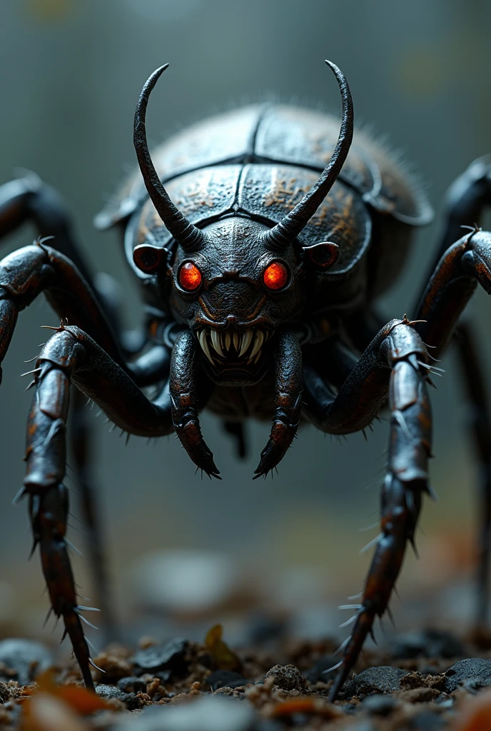 Grunge style biomechanical style shadows of a post-apocalyptic landscape, mesmerizing organic-mechanical arachnid, fusion of nature and technology. Its sleek, geometric form radiated a surreal presence, glowing markings along its scaled metallic skin. Dreamy vignette, bokeh softly blurred the backdrop, dimly lit background, rim lighting. style of Peter Gric, style of HR Giger, . blend of organic and mechanical elements, futuristic, cybernetic, detailed, intricate, . Textured, distressed, vintage, edgy, punk rock vibe, dirty, noisy