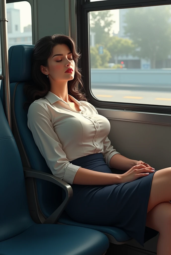 Beautiful woman, Penelope Cruz, sleeping with her mouth open, sleeping soundly on the bus, drooling, sweating, eyelids outlined, passed out, beautiful body, dressed as a sexy schoolgirl