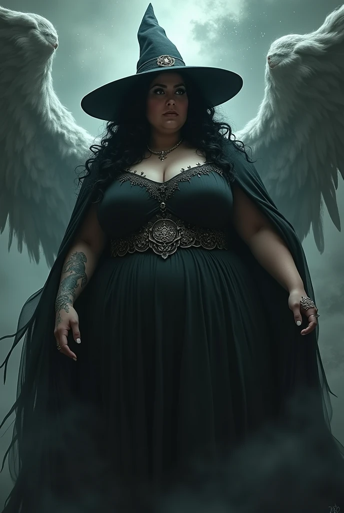 woman, long wavy black hair, big bust, wide hips, chubby, long black dress, silver crown, big black angel wings, looking at the camera, photorealistic