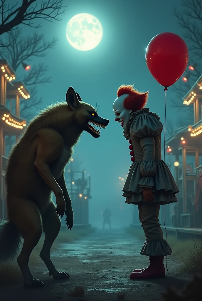 Horror movie scene of a wolfman eating a person scared, NFT card framed with passepartout, all blue wolfman and yellow moon, night scene, red blood, surrealistic artwork of René Magrite, 4D texture, 8k quality, photorealistic with anime touch, very real
