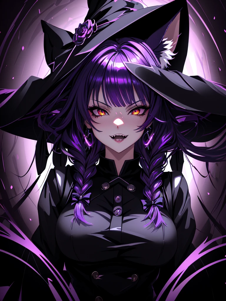 anime neko witch girl, anime style. 8k, anime style 4k, 17-year-old anime goth girl, purple shiny hair, nightcore, epic anime style, anime styled, demon anime girl, anime moe artstyle, dark art style, anime style, anime cyberpunk art, anime artstyle, anime style character 1girl, high resolution, masterpiece, anatomically correct, detail, high details, super detailed, hd, purple hair, shiny hair, twin braids, breasts, animal ears, cat ears, fox ears, earrings, teeth, fang, fangs, multicolored eyes, fang out, sparkling eyes, glaring, jealous, eye reflection, witch hat, big witch hat, tired, devil eyes, devil pupils, glowing eyes, mole under eye, from above, perspective, three sided view, ultra-wide angle, ribbon, hair ribbon, jewelry, witch hat, mole under mouth, hair tie, sparkle, depth of field, backlighting, emphasis lines, drop shadow, blending, image fill, glowing light, reflection light, impressionism, anime, anime style, artistic, cinematic, character design, hyperdetailed, punk woman, soft lighting, hot witch, sexy neko girl, big witch hat, nsfw