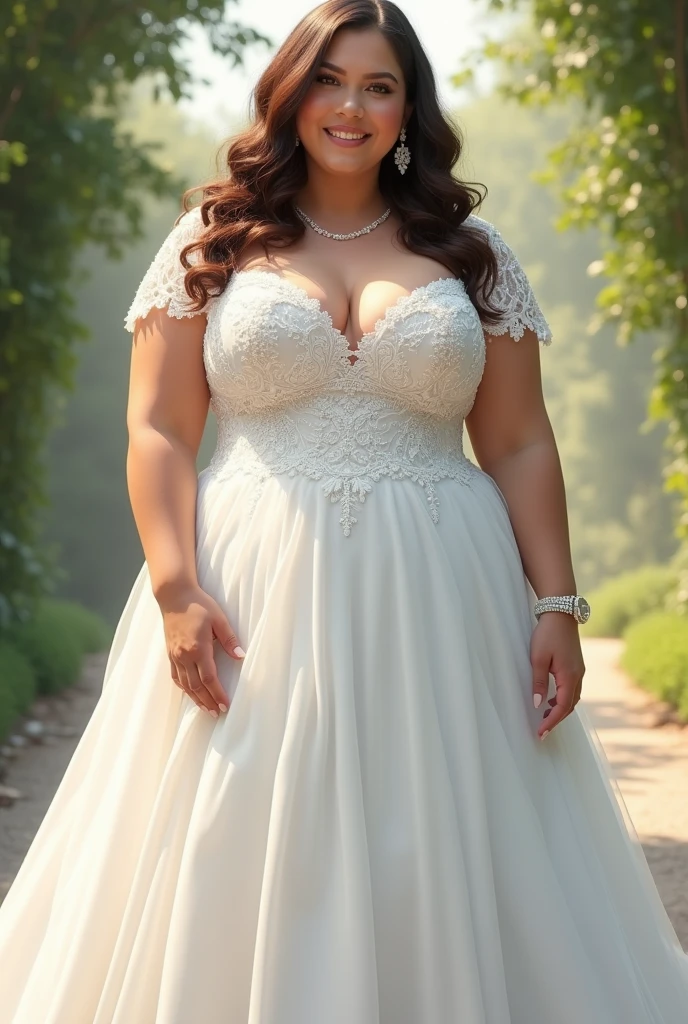8k, ultra-high resolution, highest quality, masterpiece:1.2), ultra-realistic, (realistic, photorealistic:1.37), (realistic skin:1.2), ultra-detailed, Canon EOS RP, 8k, Korean mature woman, smiling, (((super obese))), (((super curvy,))) ((super voluptuous,)) adult model, standing still, ((full body shot)), thick ankles, (short hair), (empty space), (pale pink background only), (wedding dress), (bouquet),