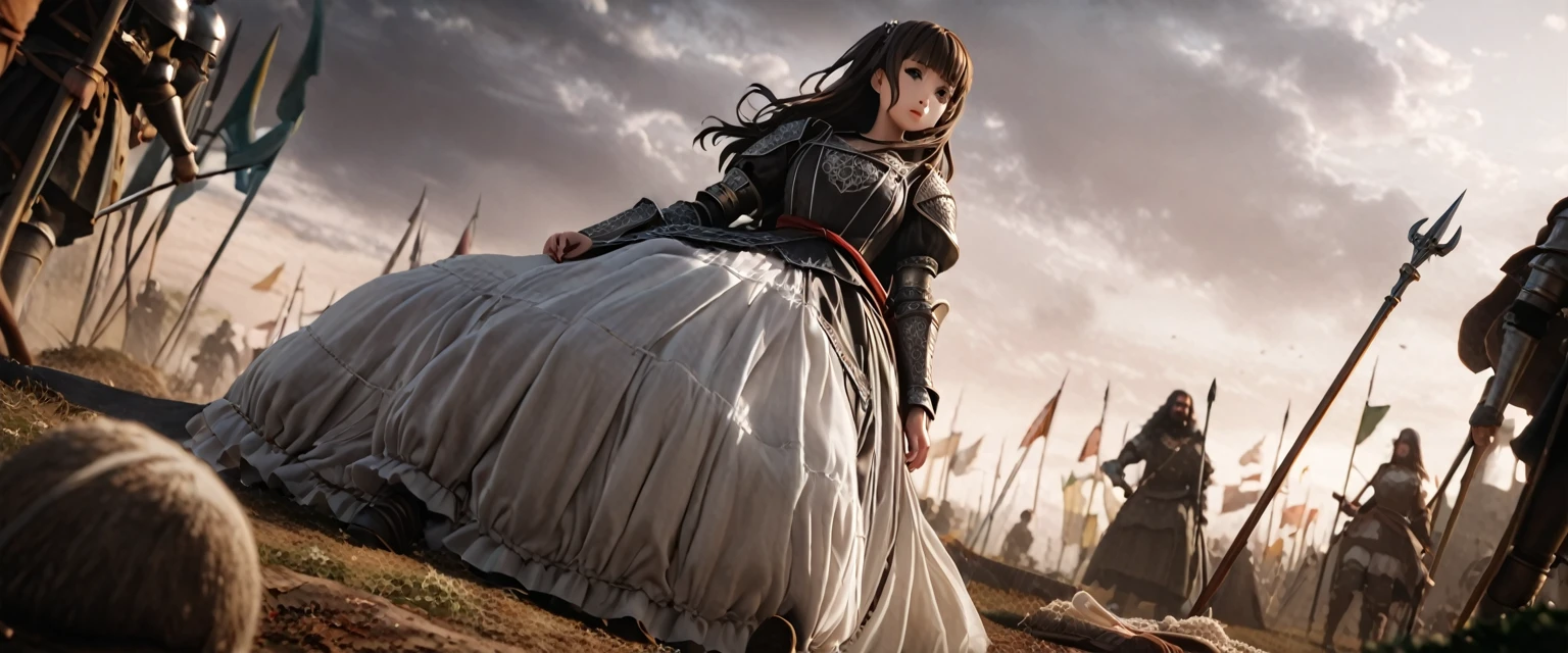 (  Highly Detailed CG Octane Rendering 8K Wallpaper ),  World's Most Beautiful Artwork  ,  Long Spear with a Flag , Complex,  high detail, ８  girl , Silver embroidery, Medieval Long Cotton Dress （With panniers）, cotton cloth,  Raise Skirt  , Strong winds, Transparent slip, Translucent Tights  , Peeking from below, Best Quality, Disarray of clothing,  lies down, underwear,  show off your thighs, knight , Skirt lining, Bloomers、 Leather Armor、 with a flag attached to a long spear ,battlefield