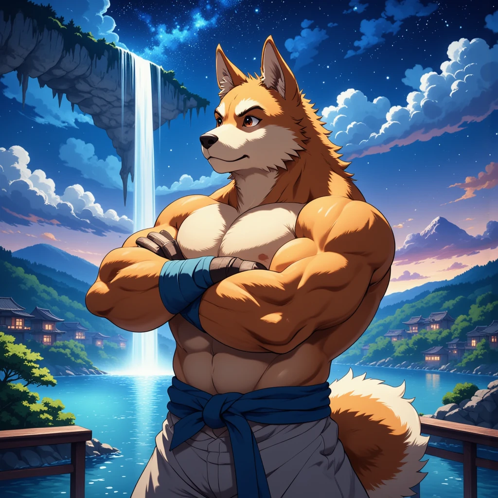 character focus, full body, looking away, dynamic angle, ninja, a muscular middle-aged akita inu man, full body in Michelangelo Buonarroti style, housamo style, digital illustration anime, character focus, full body, looking away, dynamic angle, BREAK ninja costume clothes, ninja suits, standing, crossing one's arms, in to the water fall, dynamic pose, detailed painting landscape, starry sky, kyoto, waterfall, outdoor, full color, HDR, BREAK complete anatomy, perfect proportions, beautiful thigh gap, fluffy body, intricate fur details, beautiful fur texture, BREAK a detailed akita inu 1tail, detailed toe, 5toes, 5toes nails, beautiful foot, detailed hands, 5fingers, 5fingers nails, BREAK aesthetic anime face, insanity detailed face, male face, big face, square jawline, aesthetic anime eyes, detailed brown eyes, detailed brown cornea, detailed dark brown irises, detailed pupils, male eyes, big eyes, male eyebrows, innocent look, beautiful beard, BREAK masterpiece, official art, best quality, very aesthetic, absurdres, super fine illustration, great quality, BREAK noise reduction, very highres, large filesize, high quality, 32K, 8k wallpaper, dynamic lighting, BREAK insanity detailed, ultra detailed, intricate details, extremely detailed, detailed texture, an extremely delicate and beautiful, BREAK e621 illustration, osukemo, kemohomo, anthropomorphic, furry, cartoon, harmonious body, pastoral face, virtuous eyes, epic atmosphere