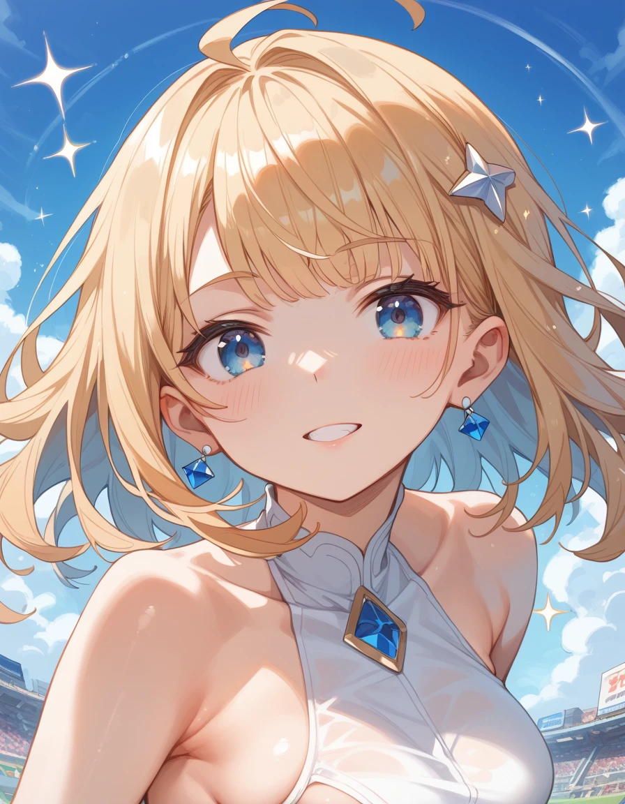 1womanl,Golden hair,12year old ,((Impatient expression)),Beautiful breasts,(((Sexy magical girl white and blue high-leg bodysuit)))(())(((Blushing cheeks、Surprised look)),((())),((( portlate))),Blue eyes,(((Bangs are aligned)))()Street,Crowds(magical girl hair ornament)