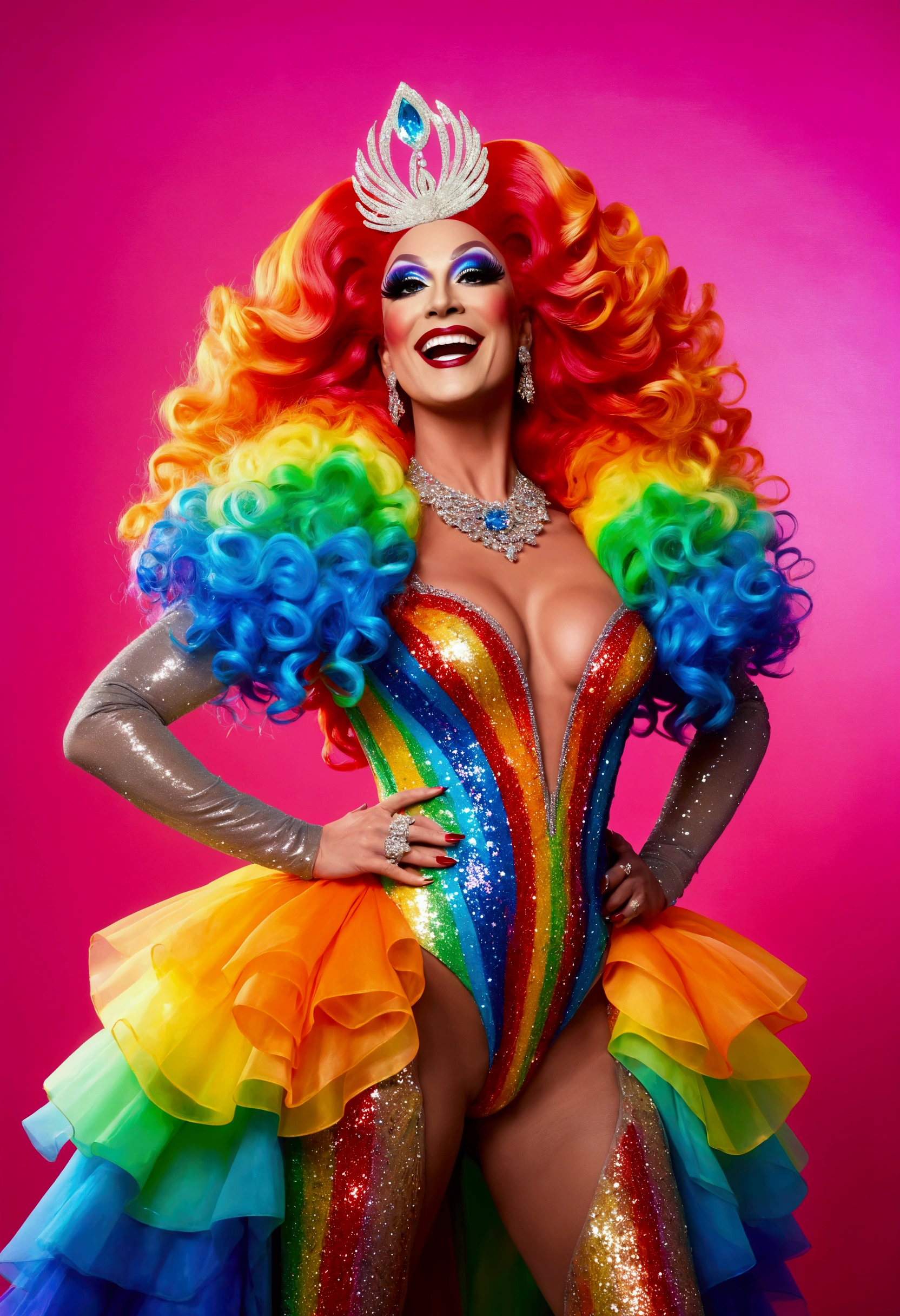 A very lively, life-enjoying, beautiful smiling drag queen performing dynamic show. beautiful rainbow colored background