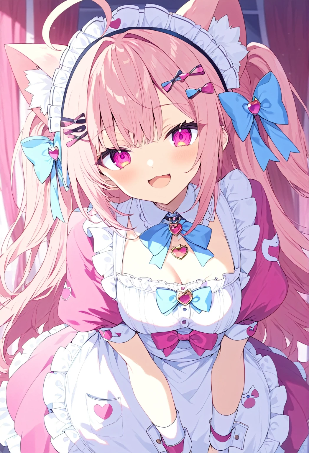 1girl,solo,maid dress,smile,big anime eyes,beautiful eyes,pink eyes,big pink ribbon on the chest,Clione,smile,open mouth,light blue ribbon in hair,Clione,Clione on hair ribbon,face focus,big ribbon on chest,gaoustyle,sakuna,pink hair,animal ears,maid headdress,thigh highs,puffy short sleeves,cat like ears,dress,apron,white apron,long hair,two side up,light blue bow,hair ornament,puffy sleeves,short sleeves,pink dress,wrist cuffs,pink bow,sakuna,cute eye,eye highlight,ahoge,big ribbon on chest,masterpiece,best quality,ultra detailed,8k portrait,highly detailed,super detailed skin,pink heart background