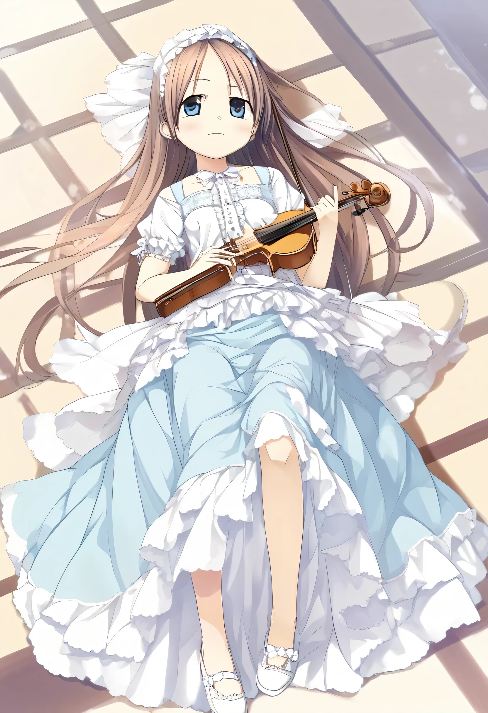 Highest_quality,masterpiece,1_ girl,Brown Hair, Long Hair,  Half Up,    dress、violin、