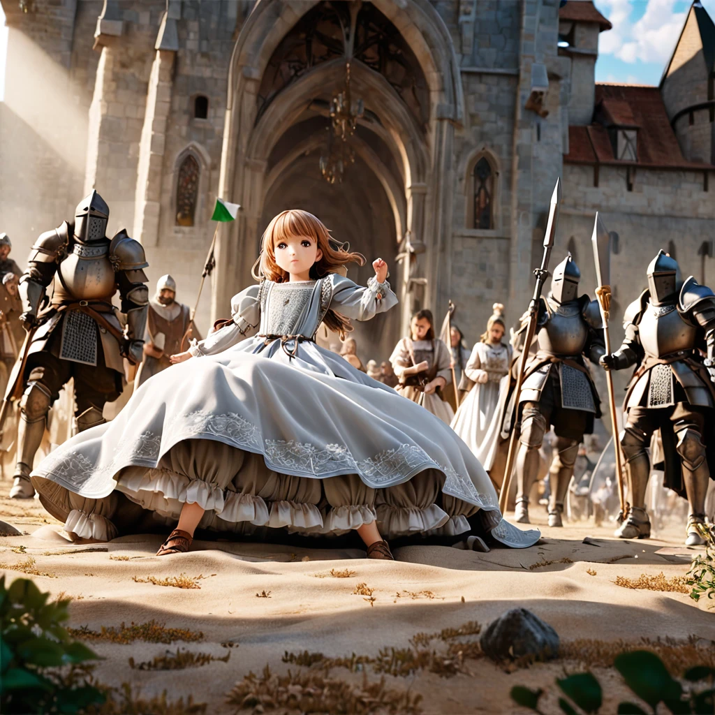 (  Highly Detailed CG Octane Rendering 8K Wallpaper ),  World's Most Beautiful Artwork  ,  Long Spear with a Flag , Complex,  high detail, ８  girl , Silver embroidery, Medieval Long Cotton Dress （With panniers）, cotton cloth,  Raise Skirt  , Strong winds, Transparent slip, Translucent Tights  , Peeking from below, Best Quality, Disarray of clothing,  lies down, underwear,  show off your thighs, knight , Skirt lining, Bloomers、 Leather Armor、 with a flag attached to a long spear ,battlefield