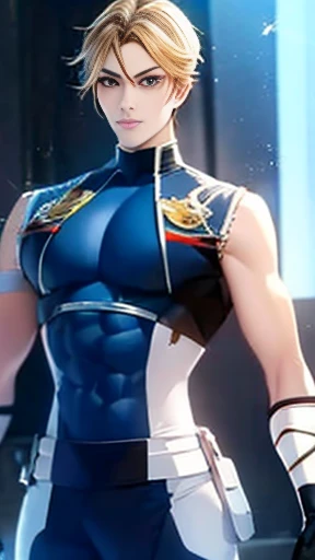 ((masterpiece, best quality)), Chinese female wrestler with tied hair-buns, in royal blue and gold sports bra, royal blue and gold trunks, black leather wristbands with silver studs, royal blue knee-pads, photo realistic, intricate details, wearing makeup and lipstick,