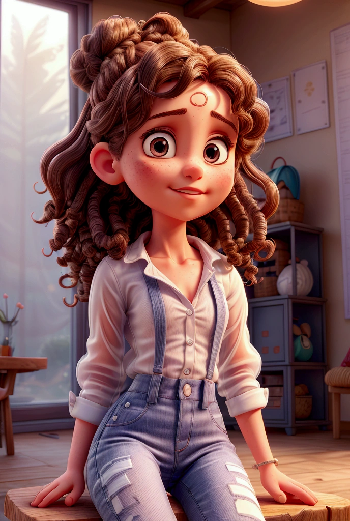 a detailed girl in white transparent shirt, navy baggy jeans, relaxed outfit, detailed curly hair in two buns, sitting on wooden chair with crossed legs on beach front, foggy day, soft sunlight, photorealistic, masterpiece, 8k, hyper detailed, cinematic lighting, warm color tones, beautiful detailed eyes, beautiful detailed lips, extremely detailed face and features