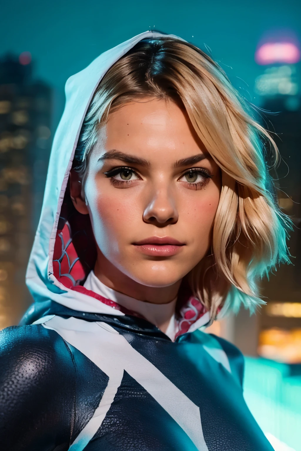 ((a teenage girl, ****, babe face)), with blonde hair,spider-gwen with hood, detailed facial features, beautiful detailed eyes, beautiful detailed lips, extremely detailed face, dynamic spider-themed superhero pose,web-slinging action, futuristic cityscape background, neon lighting, cinematic lighting, dark and moody atmosphere, rich colors, vibrant, digital art, 8k, hyper detailed, photorealistic, masterpiece. ((colorful lights)). 