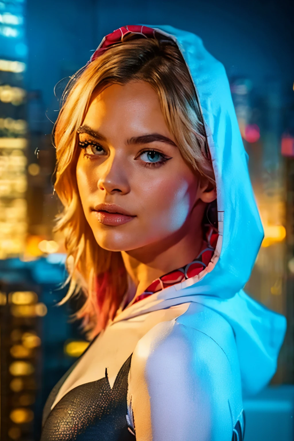 ((a teenage girl, ****, babe face)), with blonde hair,spider-gwen with hood, detailed facial features, beautiful detailed eyes, beautiful detailed lips, extremely detailed face, dynamic spider-themed superhero pose,web-slinging action, futuristic cityscape background, neon lighting, cinematic lighting, dark and moody atmosphere, rich colors, vibrant, digital art, 8k, hyper detailed, photorealistic, masterpiece. ((colorful lights)). 