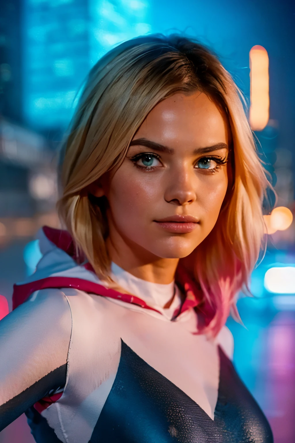 ((a  girl, 14yo, bface)), with blonde hair,spider-gwen with hood, detailed facial features, beautiful detailed eyes, beautiful detailed lips, extremely detailed face, dynamic spider-themed superhero pose,web-slinging action, futuristic cityscape background, neon lighting, cinematic lighting, dark and moody atmosphere, rich colors, vibrant, digital art, 8k, hyper detailed, photorealistic, masterpiece. ((colorful lights)). 