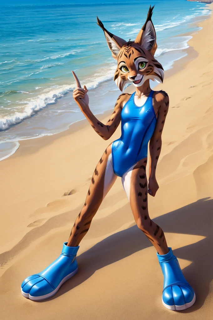 Lynx is a full-length cartoon girl slim skinny in a blue tight lycra swimsuit on the beach with a happy face, big feet, striped tail
