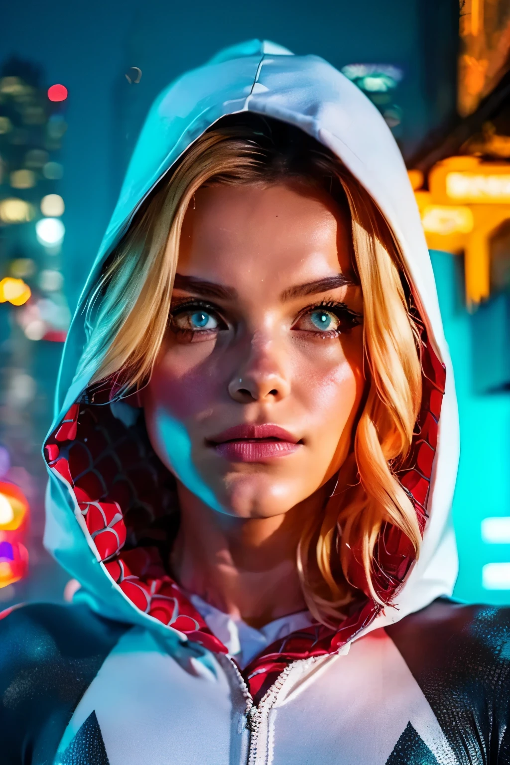 ((a teenage girl, ****, babe face)), with blonde hair,spider-gwen with hood, detailed facial features, beautiful detailed eyes, beautiful detailed lips, extremely detailed face, dynamic spider-themed superhero pose,web-slinging action, futuristic cityscape background, neon lighting, cinematic lighting, dark and moody atmosphere, rich colors, vibrant, digital art, 8k, hyper detailed, photorealistic, masterpiece. ((colorful lights)). 