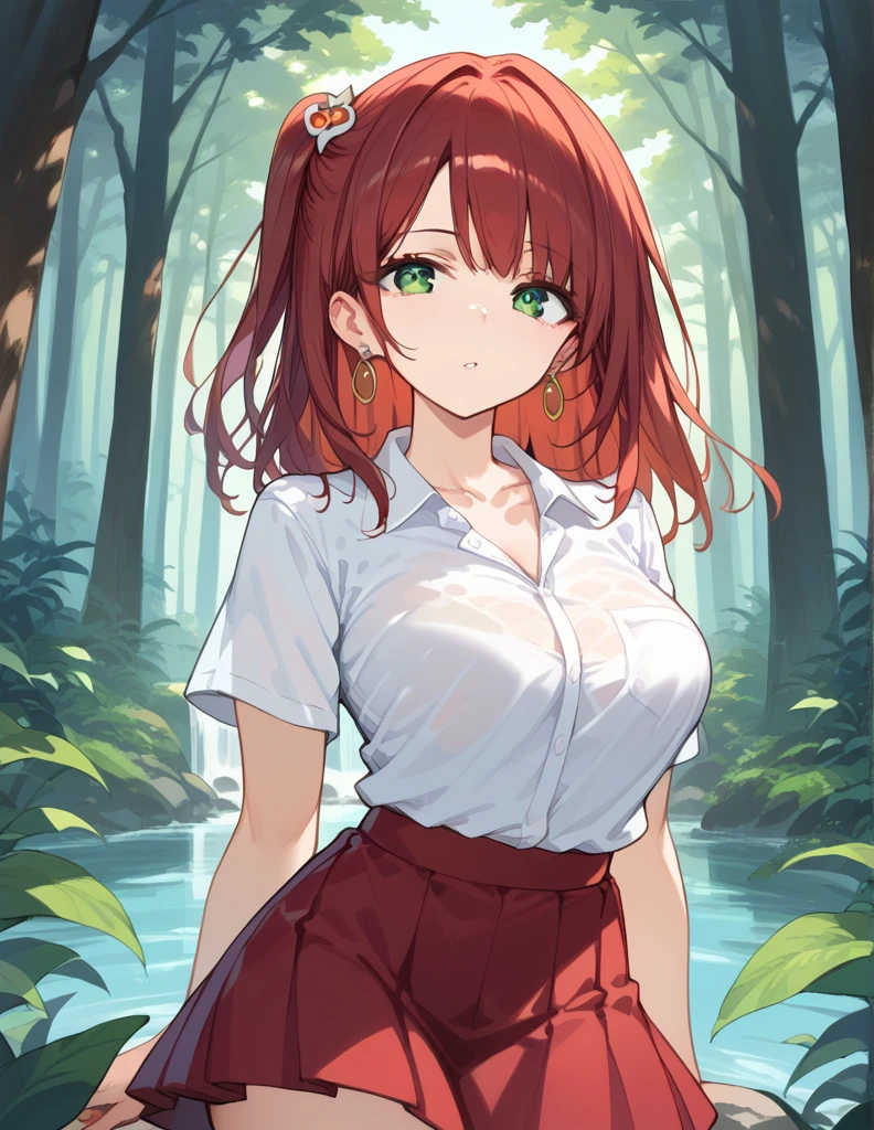 score_9, score_8_up, score_7_up, source_Cartoon, Morning Fragrance   ,    red hair, (green eyes, one side up),,hair accessories,    Glossy Skin  , long hair, Short Version Deep V Neck Shirt  .  Skirt Earrings Chest..forest