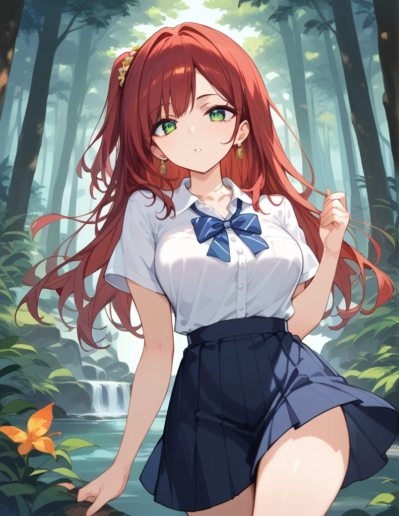 score_9, score_8_up, score_7_up, source_Cartoon, Morning Fragrance   ,    red hair, (green eyes, one side up),,hair accessories,    Glossy Skin  , long hair, Short Version Deep V Neck Shirt  .  Skirt Earrings Chest..forest