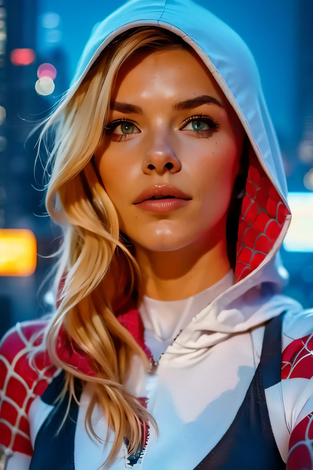 ((a teenage girl, ****, babe face)), with blonde hair,spider-gwen with hood, detailed facial features, beautiful detailed eyes, beautiful detailed lips, extremely detailed face, dynamic spider-themed superhero pose,web-slinging action, futuristic cityscape background, neon lighting, cinematic lighting, dark and moody atmosphere, rich colors, vibrant, digital art, 8k, hyper detailed, photorealistic, masterpiece. ((colorful lights)). 