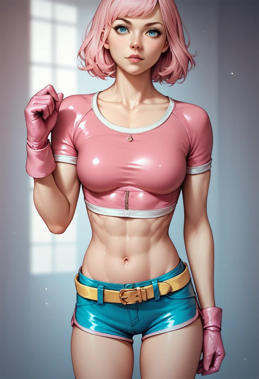 Headless an adult girl, slim and muscular body, medium chest, tight pink leather pink crop top, scoop neck, short sleeves, expose navel, blue leather shorts, yellow belt, pink gloves, front look, standing straight