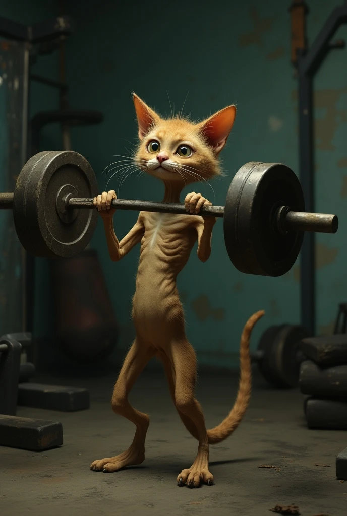 A skinny cat in the gym is lifting dumbbells while crying
