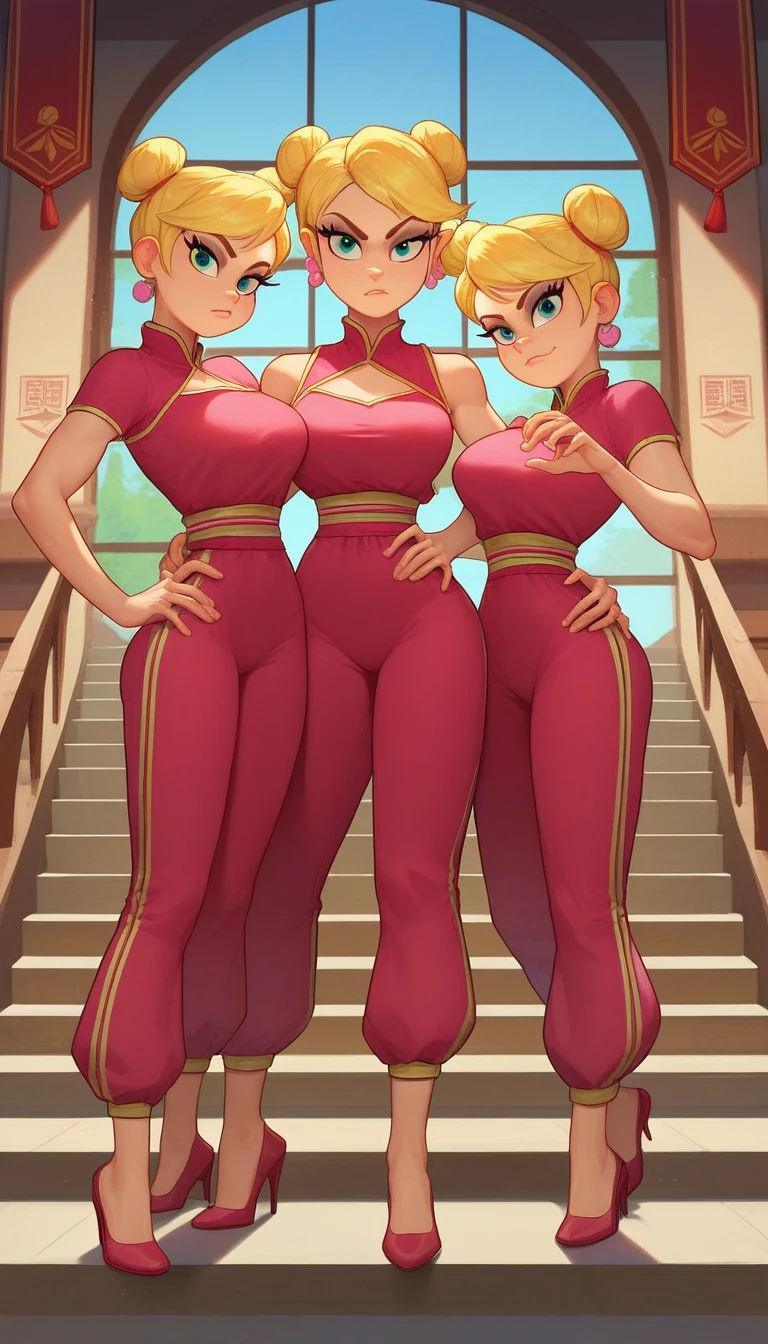 lola loud, 3girl, trio, 24yo girl, large breasts, pink cheongsam with long pants that has window pants on each side of the pants and a boob window in the middle of their chests,  inside of a chinese temple, looking at viewer, blonde hair, two hair buns , hands  score_9, score_8_up, score_7_up, high heels, teep fighting stance,martial arts, stairs behind her, guarding the stairs, triplets