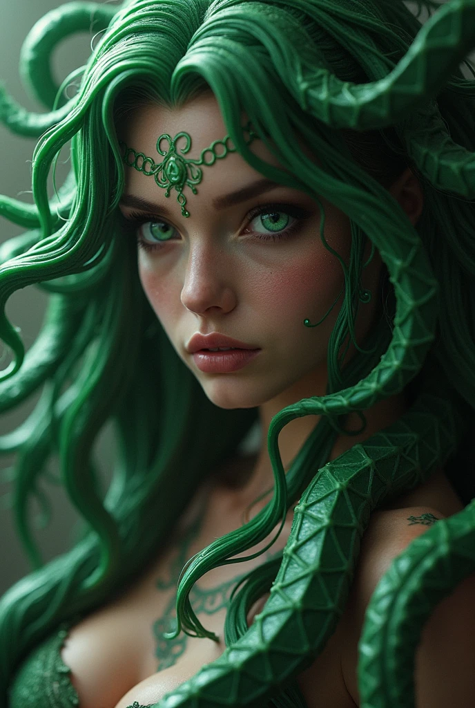 ((best quality)), ((masterpiece)), ((realistic)), Medusa, upper body, hair is composed of countless small snakes, green eyes, female face, metal underwear, trends on artstation, clear focus , studio photo, intricate detail, very detailed, detailed eye, illustration, very detailed, sharp focus, digital render, professional, 4k