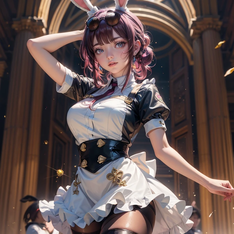 1girl, dress, jewelry, glow hair, flowing hair, ahoge, armpits, two white rabbit ears on her head, maid dress, maid, white rabbit tail, Bunny girl, Cute face, Very fine clean face, solo, Top quality, Big eyes,Straight Hair, Purple hair, Crimson Eye, Subtle light, Natural light, Soft lighting, maid apron, maid costume, Light from directly behind, Cute pose, maid bunny, maid dress, Showing the whole body, Front view, maid bunny girl, bunny girl costume, Beautiful Eyes, Plump and glossy lips, maid bunny girl costume with too many frills, black dress, white laces, white Short skirt, Drape clothes, pink gem, frills, luxury details, gold jewelry, more details, best quality, Big sparkling eyes, blushing, sparkle, solo, centered girl, cowboy shot