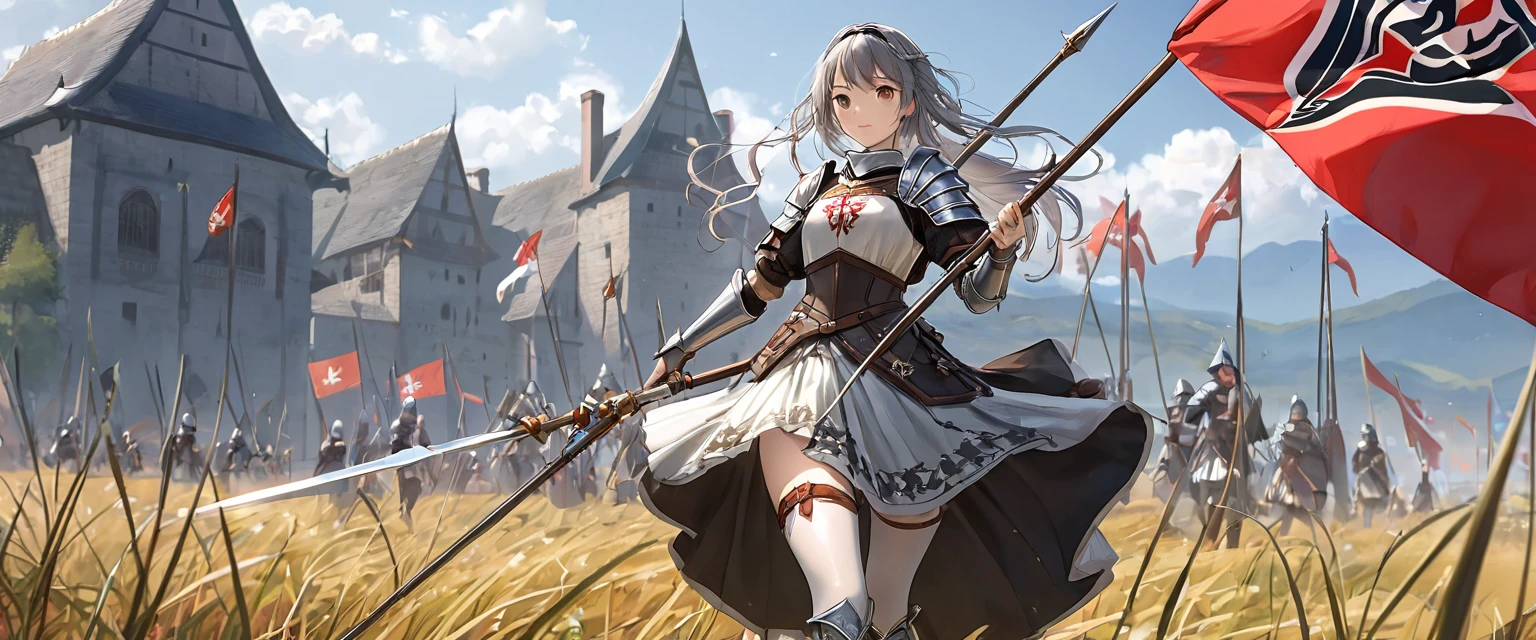 (  Highly Detailed CG Octane Rendering 8K Wallpaper ),  World's Most Beautiful Artwork  ,  Long Spear with a Flag , Complex,  high detail, ８  girl , Silver embroidery, Medieval Long Cotton Dress （With panniers）, cotton cloth,  Raise Skirt  , Strong winds, Transparent slip, Translucent Tights  , Peeking from below, Best Quality, Disarray of clothing,  lies down, underwear,  show off your thighs, knight , Skirt lining, Bloomers、 Leather Armor、 with a flag attached to a long spear ,battlefield